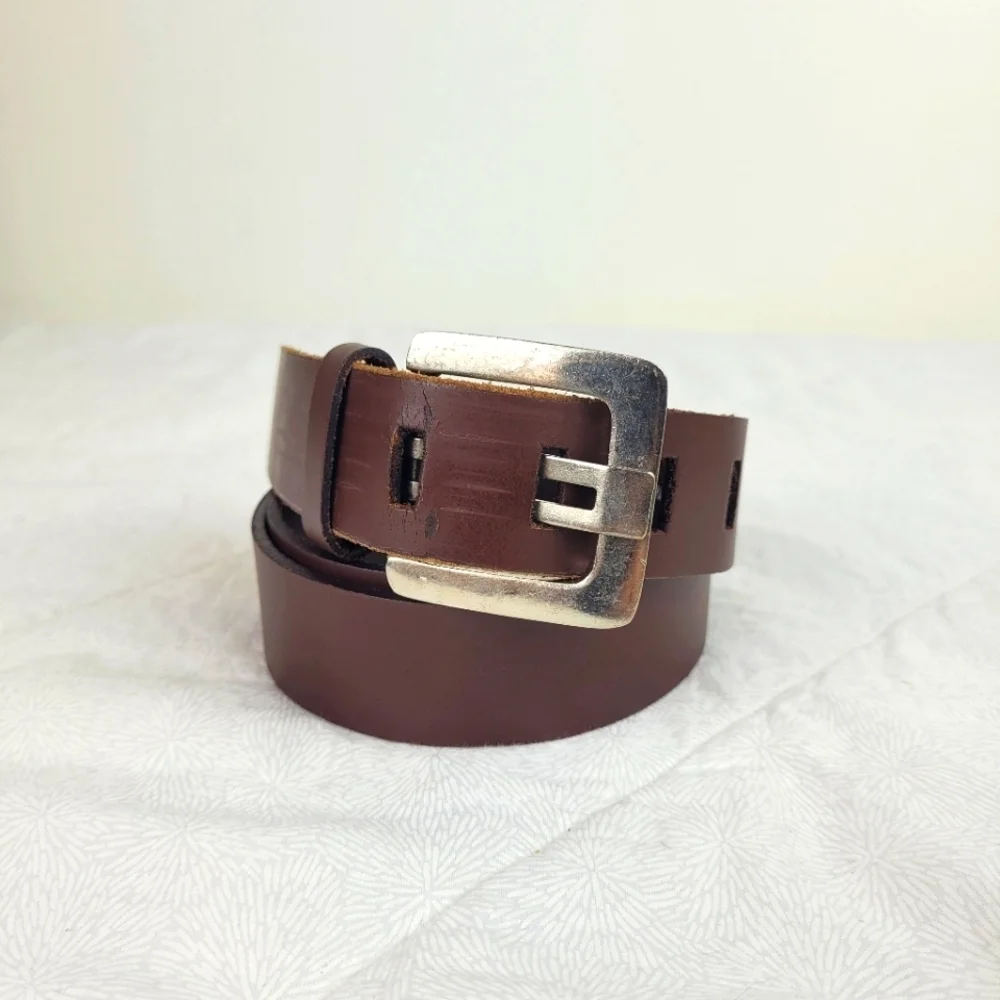 Brazilian espresso brown leather belt silver buckle minimalist classic artsy L